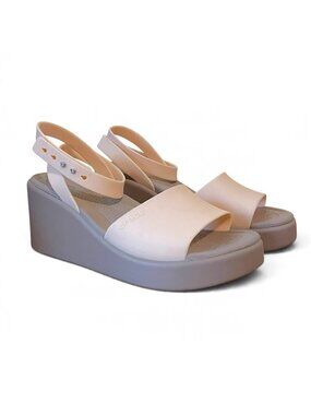 Crocs Womens Brooklyn Ankle Strap Wedge Sandal Sz 7 Cream Taupe Boho Platform